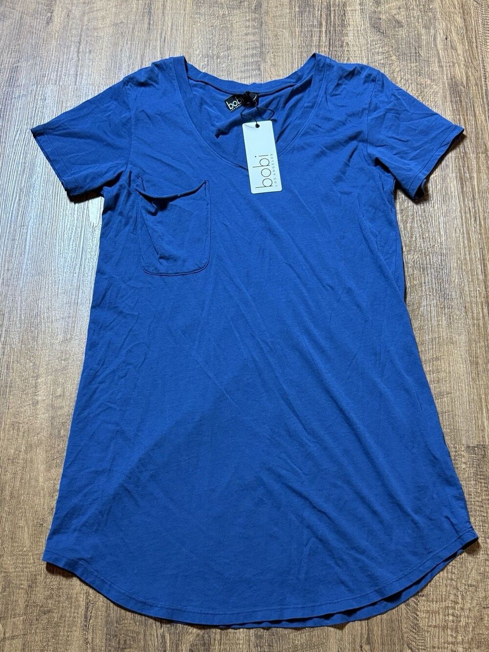 Bobi L.A. Women's M Short Sleeve Deep V-Neck Oversized T-Shirt Dress Pocket Blue